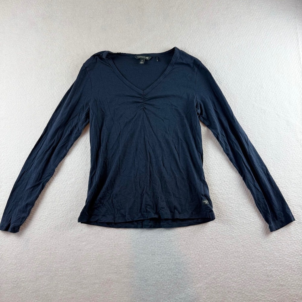 Toad&Co Womens Navy Blue V-Neck Ruched Long Sleeve Jersey Knit Top Size M